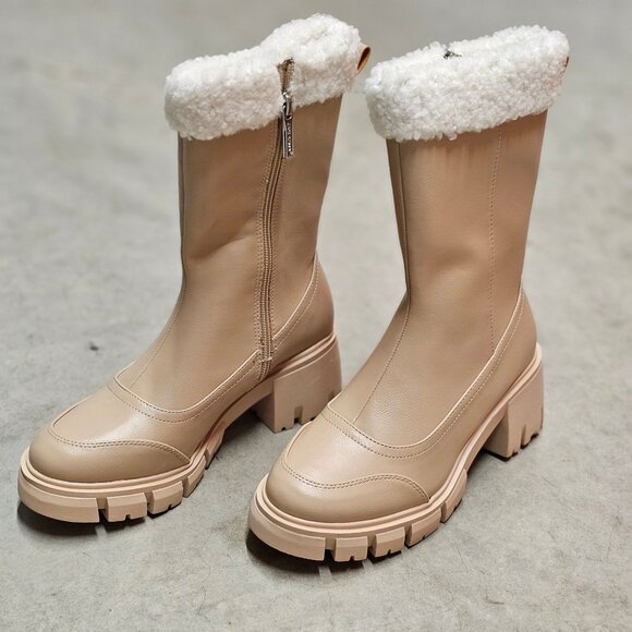 Chunky Nude Faux Leather Winter Boots With Faux Fur Lining & Block Heel - Picture 4 of 6